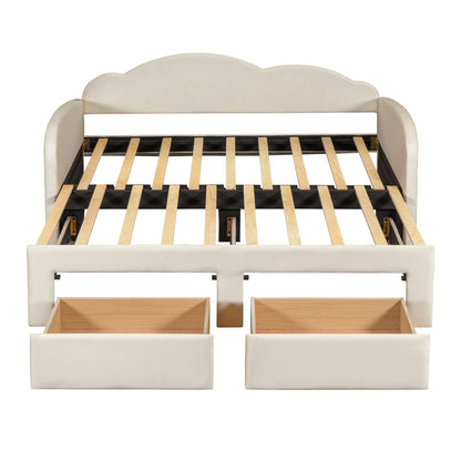 Twin Size Upholstered Daybed With Cloud-Shaped Backrest, Trundle & 2 Drawers And USB Ports - Beige