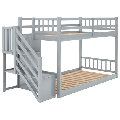 Twin Over Twin Floor Bunk Bed, Ladder With Storage - Gray