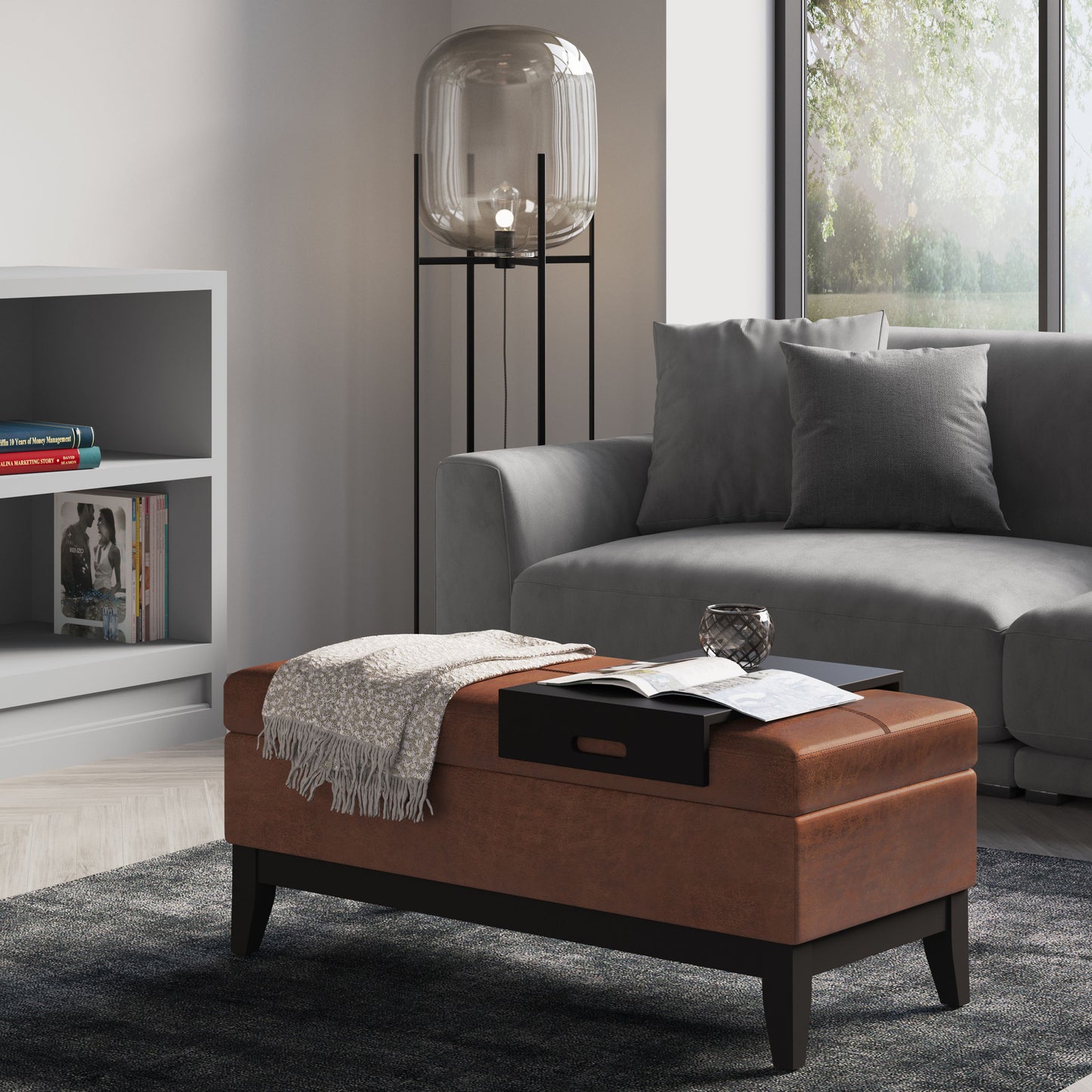 Oregon - Storage Ottoman Bench With Tray - Distressed Saddle Brown