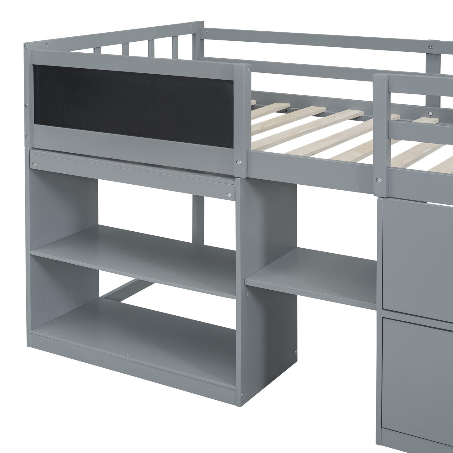 Twin Size Low Loft Bed With Rolling Desk, Shelf And Drawers - Gray