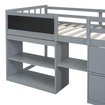 Twin Size Low Loft Bed With Rolling Desk, Shelf And Drawers - Gray