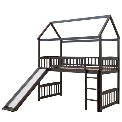 Twin House Loft Bed With Slide - Espresso