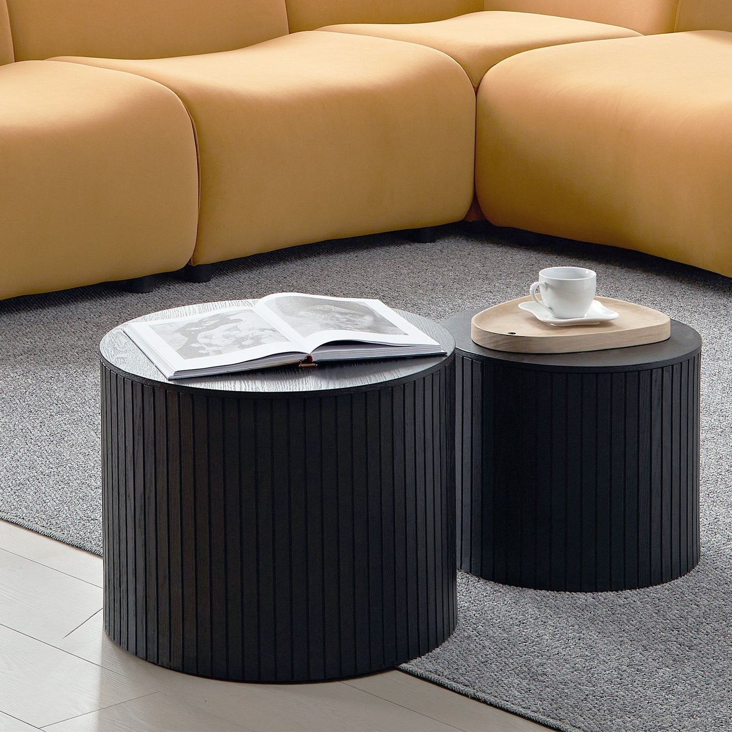 Modern Nesting Coffee Table Set With Walnut Veneer - 2 Pieces For Living Room - Black