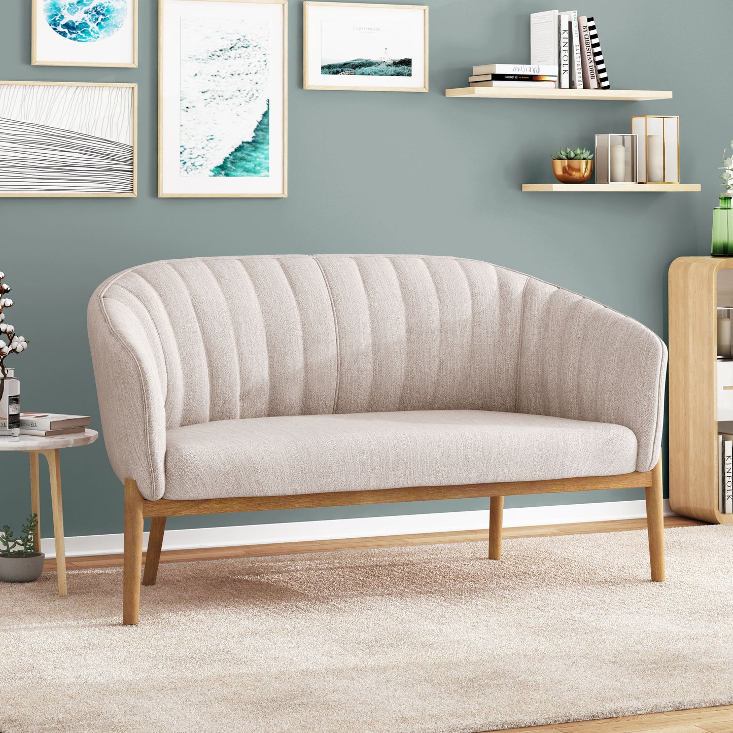Mid Century Modern Loveseat With Channel Stitched Backrest - Beige