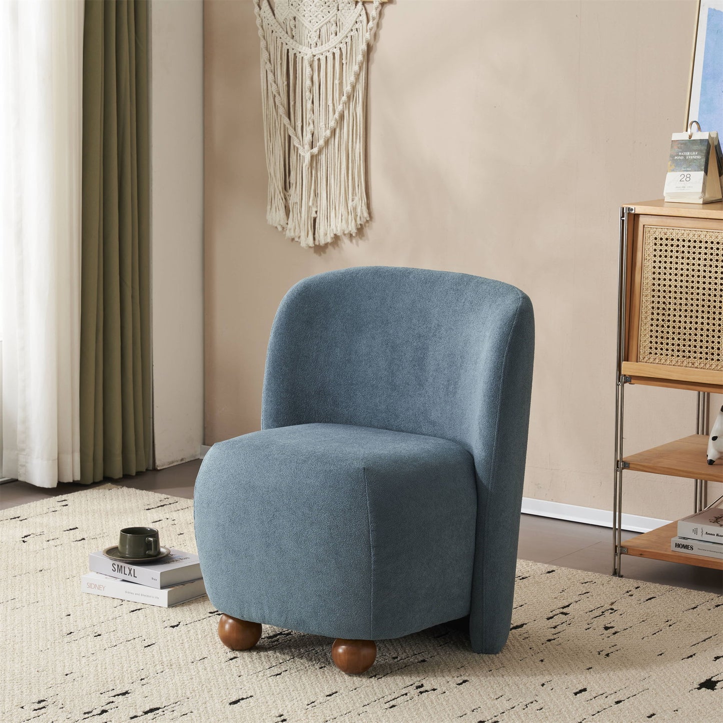 Modern Low Back Accent Chair, Upholstered Armless Living Room Chairs, Round Pine Wood Feet, For Small Living Spaces, Living Room - Blue