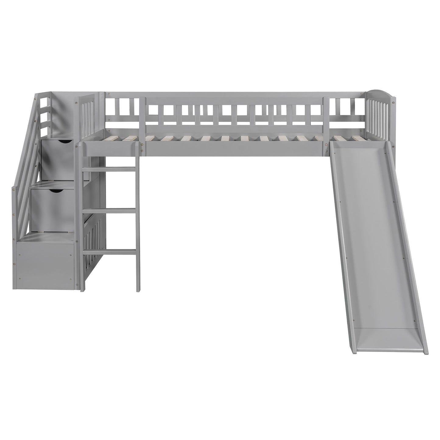 Twin Size Loft Stairway Bed With 2 Drawers And Slide - Gray