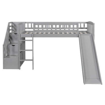 Twin Size Loft Stairway Bed With 2 Drawers And Slide - Gray