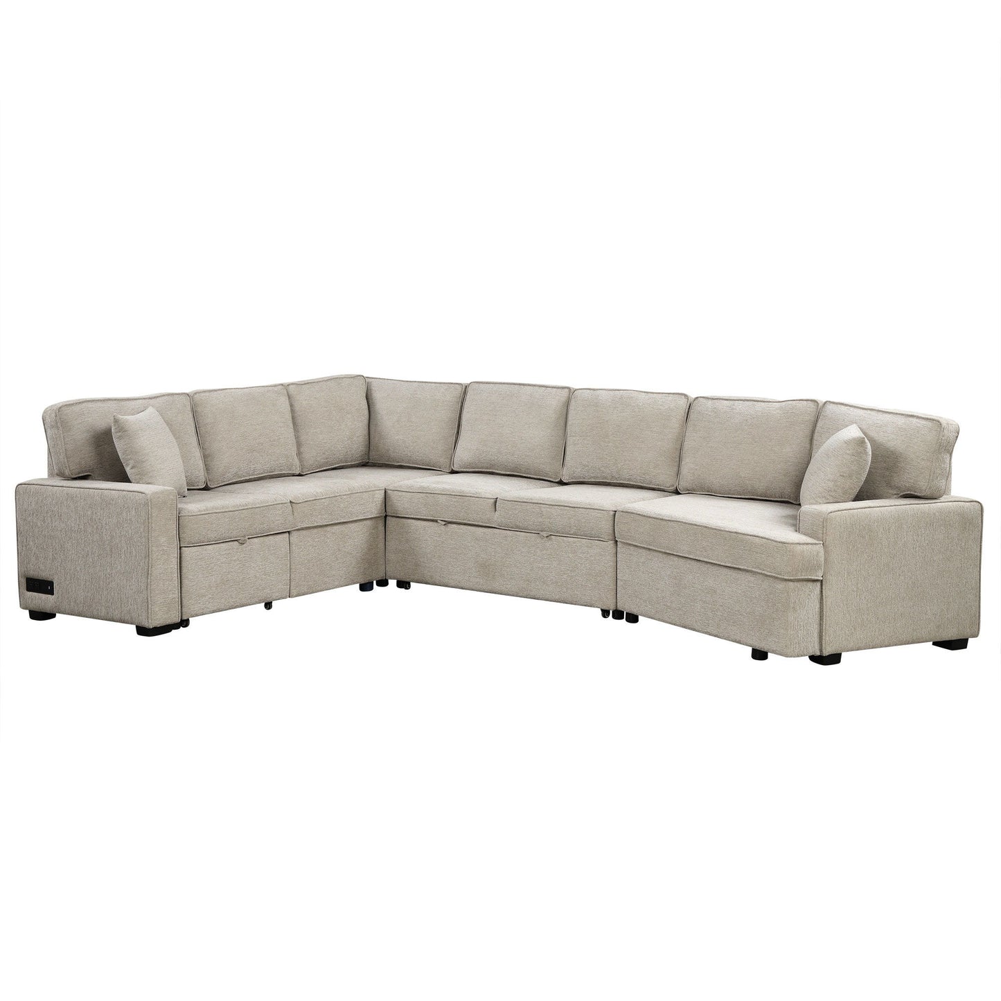 L-Shaped Sofa Sectional Sofa Couch Pull-Out Sofa Bed With Charging Devices And Cup Holders For Living Room - Beige