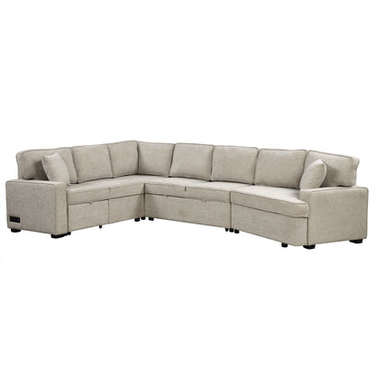 L-Shaped Sofa Sectional Sofa Couch Pull-Out Sofa Bed With Charging Devices And Cup Holders For Living Room - Beige