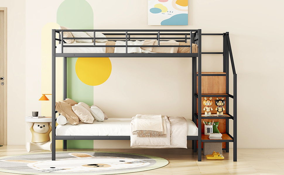 Full Over Full Bunk Bed With Lateral Storage Ladder And Wardrobe - Black