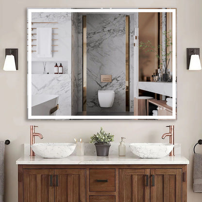 LED Bathroom Vanity Mirror Wall Mounted, Adjustable White / Warm / Natural Lights Anti-Fog Touch Switch With Memory Modern Smart Large Bathroom Mirrors - Silver
