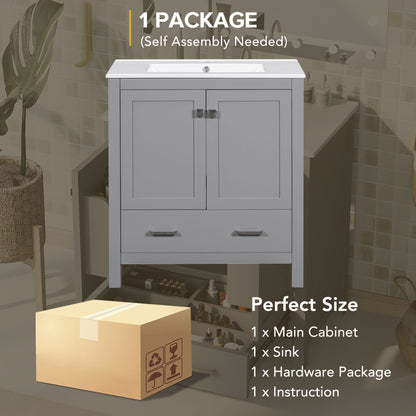 Bathroom Vanity With Single Sink, Combo Cabinet Undermount Sink, Bathroom Storage Cabinet With Two Doors And A Drawer, Soft Closing, Multifunctional Storage, Solid Wood Frame - Gray