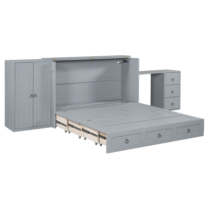 Queen Size Murphy Bed With USB Port, Large Drawer, And Wardrobe / Desk Combo Versatile Cabinet Bed - Gray