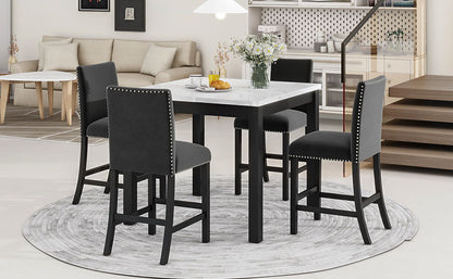 5-Piece Counter Height Dining Table Set With One Faux Marble Top Dining Table And Four Velvet Upholstered Chairs - Black