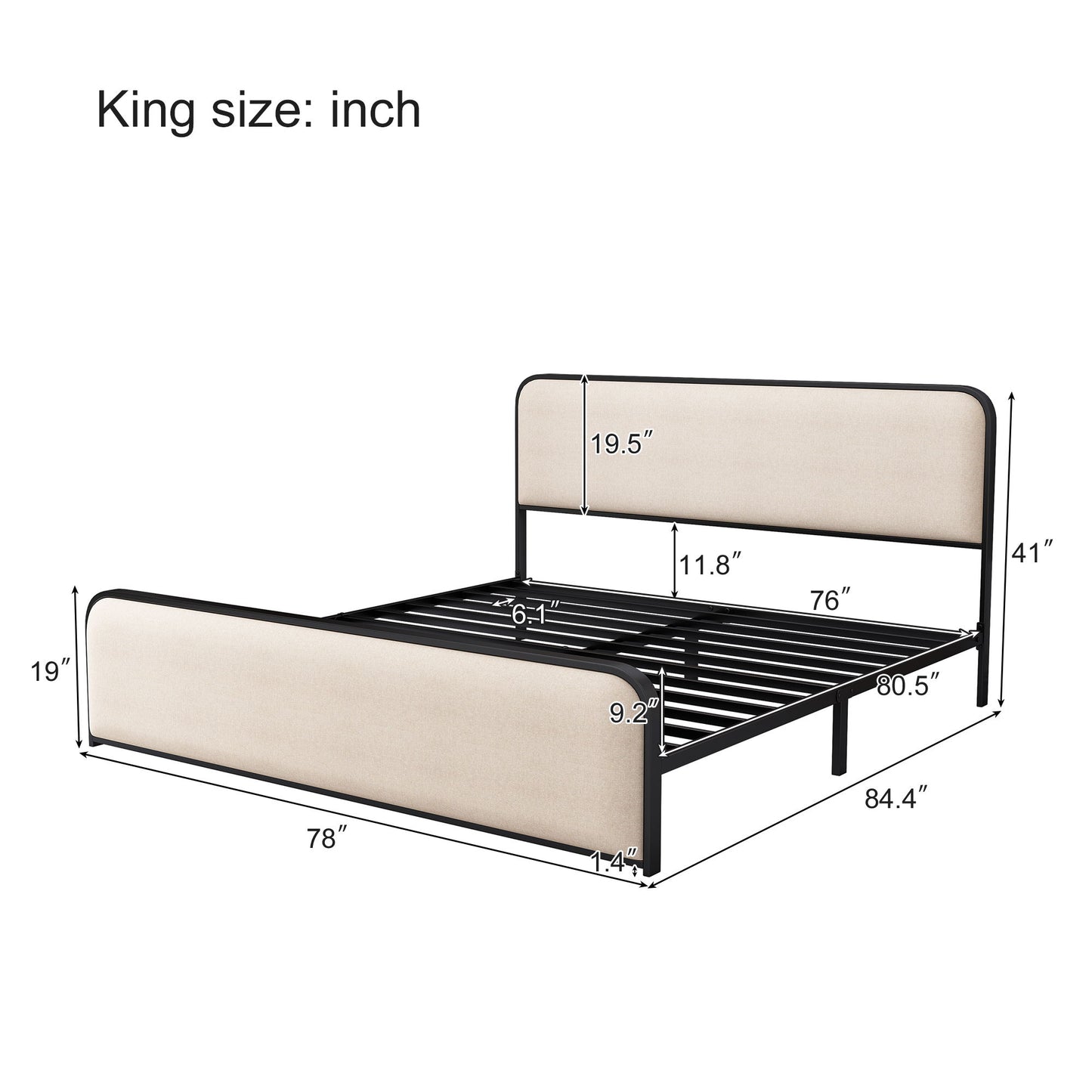 Modern Metal Bed Frame With Curved Upholstered Headboard And Footboard Bed With Under Bed Storage, Heavy Duty Metal Slats, King Size - Beige