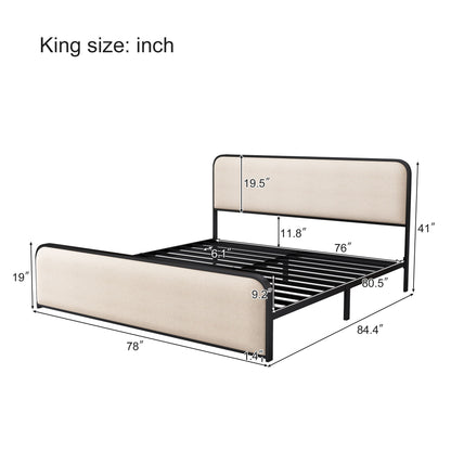 Modern Metal Bed Frame With Curved Upholstered Headboard And Footboard Bed With Under Bed Storage, Heavy Duty Metal Slats, King Size - Beige