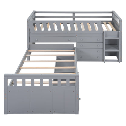 Twin Loft And Platform Bed With 7 Drawers And Full Guardrails, Modern L Shaped Space Saving - Gray
