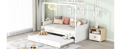 Twin Size Canopy Day Bed With Twin Size Trundle - White