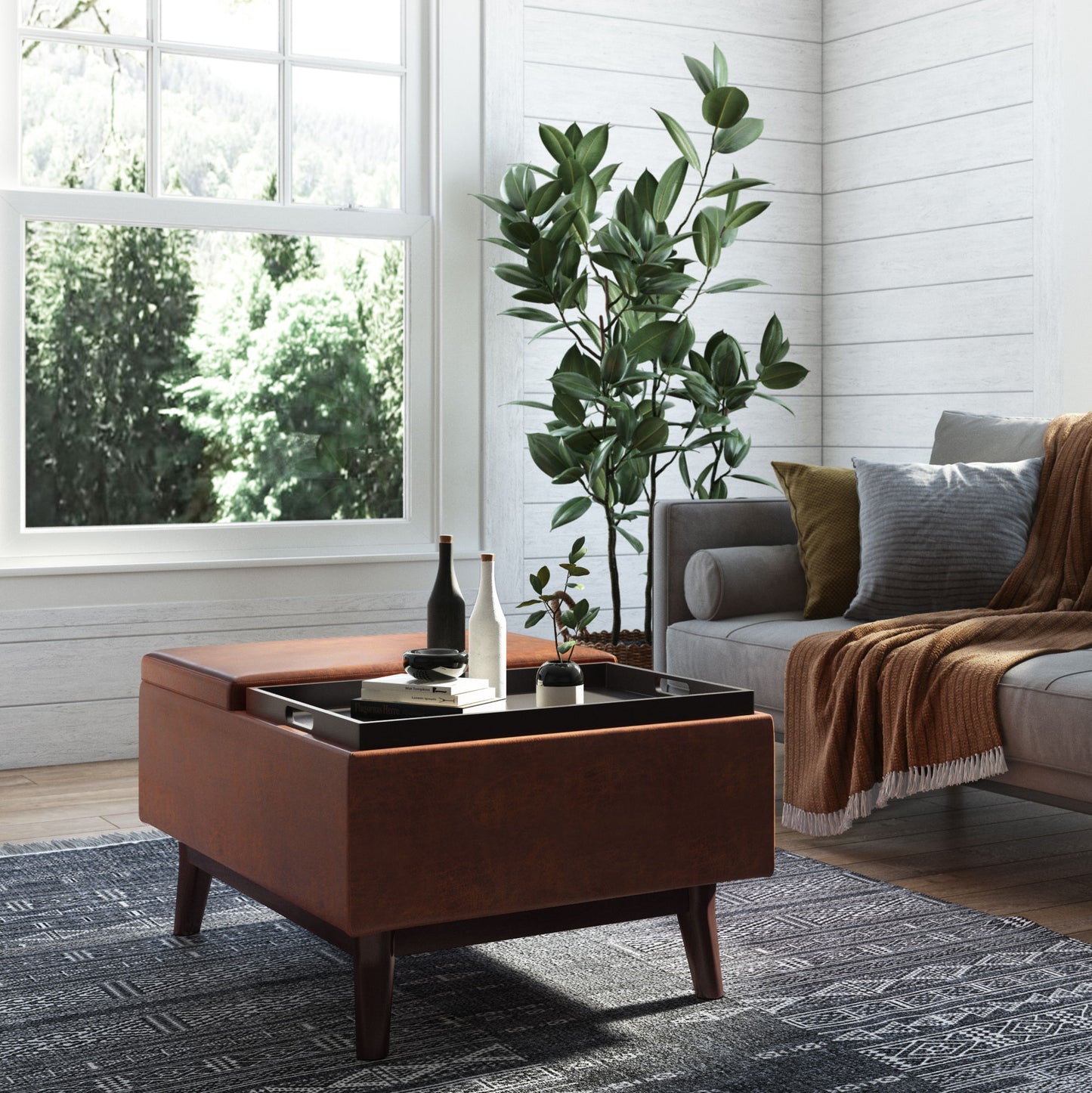 Owen - Tray Top Small Coffee Table Storage Ottoman - Distressed Saddle Brown