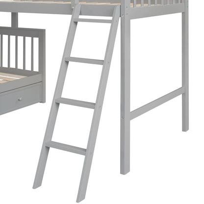 Twin Over Full L Shaped Bunk Bed & 3 Drawers, Ladder And Staircase - Gray