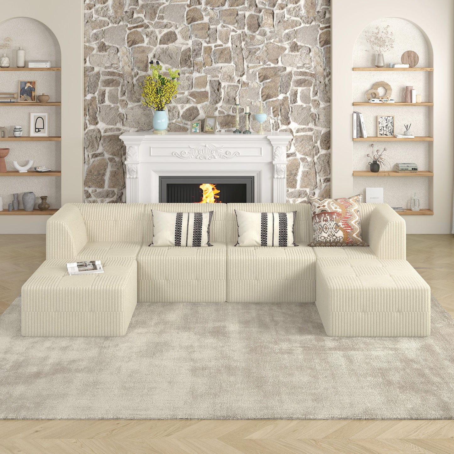 Modern Minimalist Sectional Sofa Sleeper Corduroy Couch Comfy Space Efficient Design - White