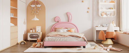 Full Size Upholstered Leather Platform Bed With Rabbit Ornament, Pink