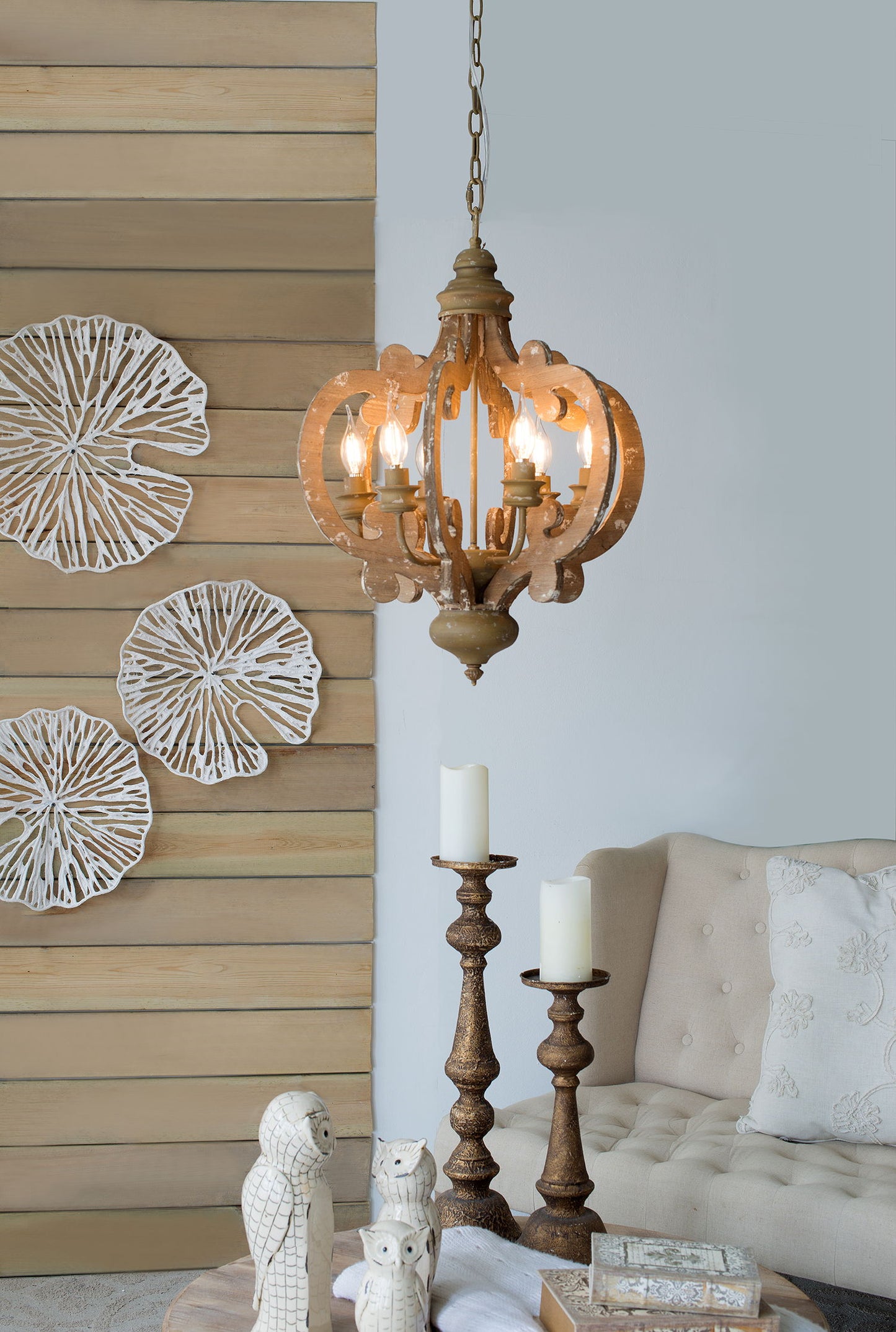 Farmhouse Chandelier, 6 Light Wood Chandelier Pendant Light Fixture With Adjustable Chain For Dining Room Living Room Entryway, Bulb Not Included - Beige Brown