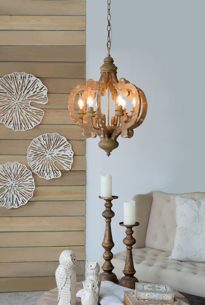 Farmhouse Chandelier, 6 Light Wood Chandelier Pendant Light Fixture With Adjustable Chain For Dining Room Living Room Entryway, Bulb Not Included - Beige Brown