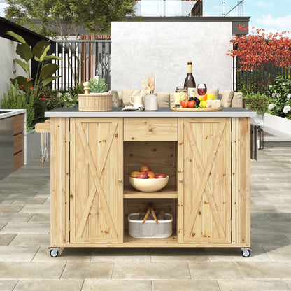 Outdoor Kitchen Island Fir Wood Kitchen Island With Stainless Steel Top, Ample Storage Space, Towel And Spice Racks And A Bottle Opener For Outdoor - Natural