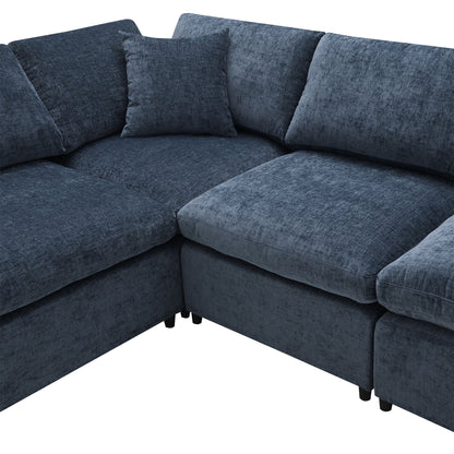 Modern Modular Cloud Sofa Bed, 6 Seat Chenille Sectional Couch Set With Ottoman, Free Combination, Convertible U Shaped Sleeper Sofa - Dark Blue