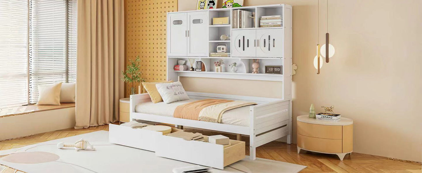 Twin Size Daybed With 2 Drawers And All In One Cabinet And Shelf - White