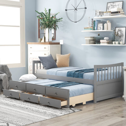 Twin Size Daybed With Trundle And Drawers - Gray