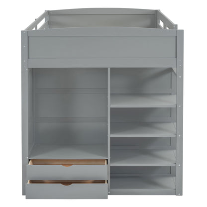 Full Size Loft Bed With Desk, Wardrobes, 4 Drawers And 4 Shelves - Gray