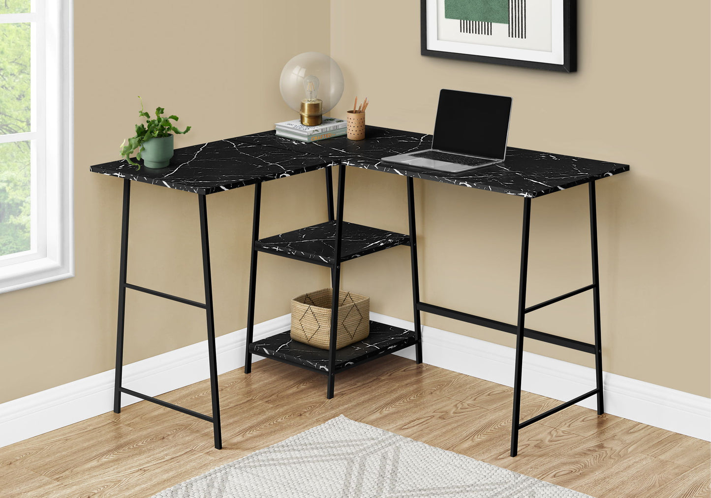 Computer Desk, Home Office, Corner, Storage Shelves, L-Shape, Work, Laptop, Marble Look Laminate, Contemporary, Modern - Black