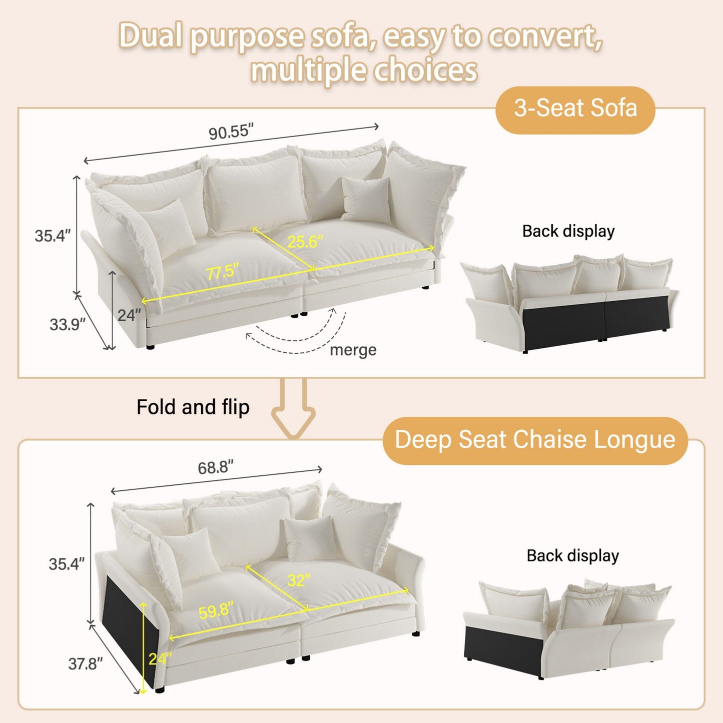 Modern Comfy Upholstered Sofa Cloud Couch, Deep Seat Couches With Multiple Large Soft Pillows, Convertible Deep Seat Chaise Longue For Living Room - Beige