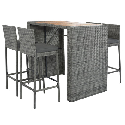 5 Pieces Outdoor Patio Wicker Bar Set, Bar Height Chairs With Non-Slip Feet And Fixed Rope, Removable Cushion, Acacia Wood Table Top - Brown / Gray