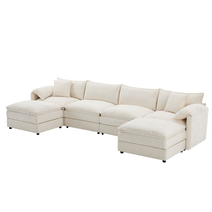 Modular Sectional With Deep And Wide Seat, U Shaped Cloud Couch Set With Double Cushions 6 Seat Sofa With Movable Ottomans Oversized - Cream