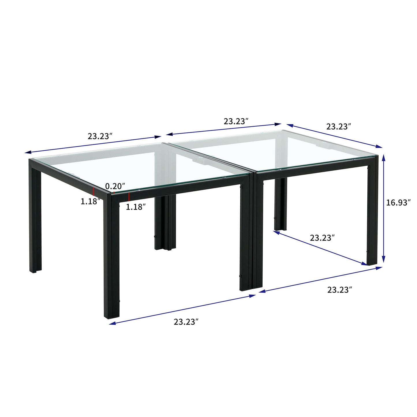Coffee Table (Set of 2), Square Modern Table With Tempered Glass Finish For Living Room - Transparent / Black