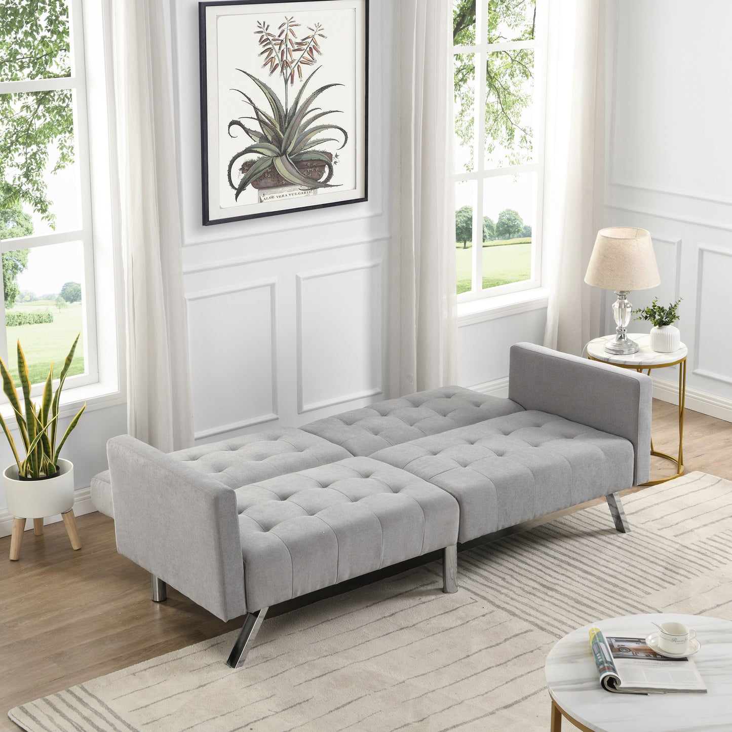 Futon Sofa Bed Convertible Folding Lounge Couch, Armrests - Light Gray