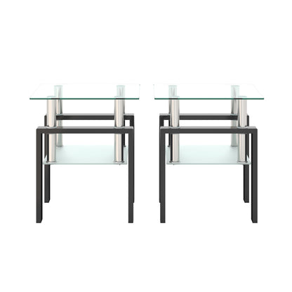 Modern Tempered Glass Tea Table, End Square Table For Living Room (Set of 2) - Transparent / Black