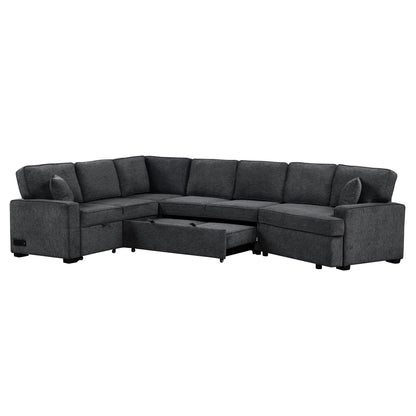 L-Shaped Sofa Sectional Sofa Couch Pull-Out Sofa Bed With Charging Devices And Cup Holders For Living Room - Blue Black