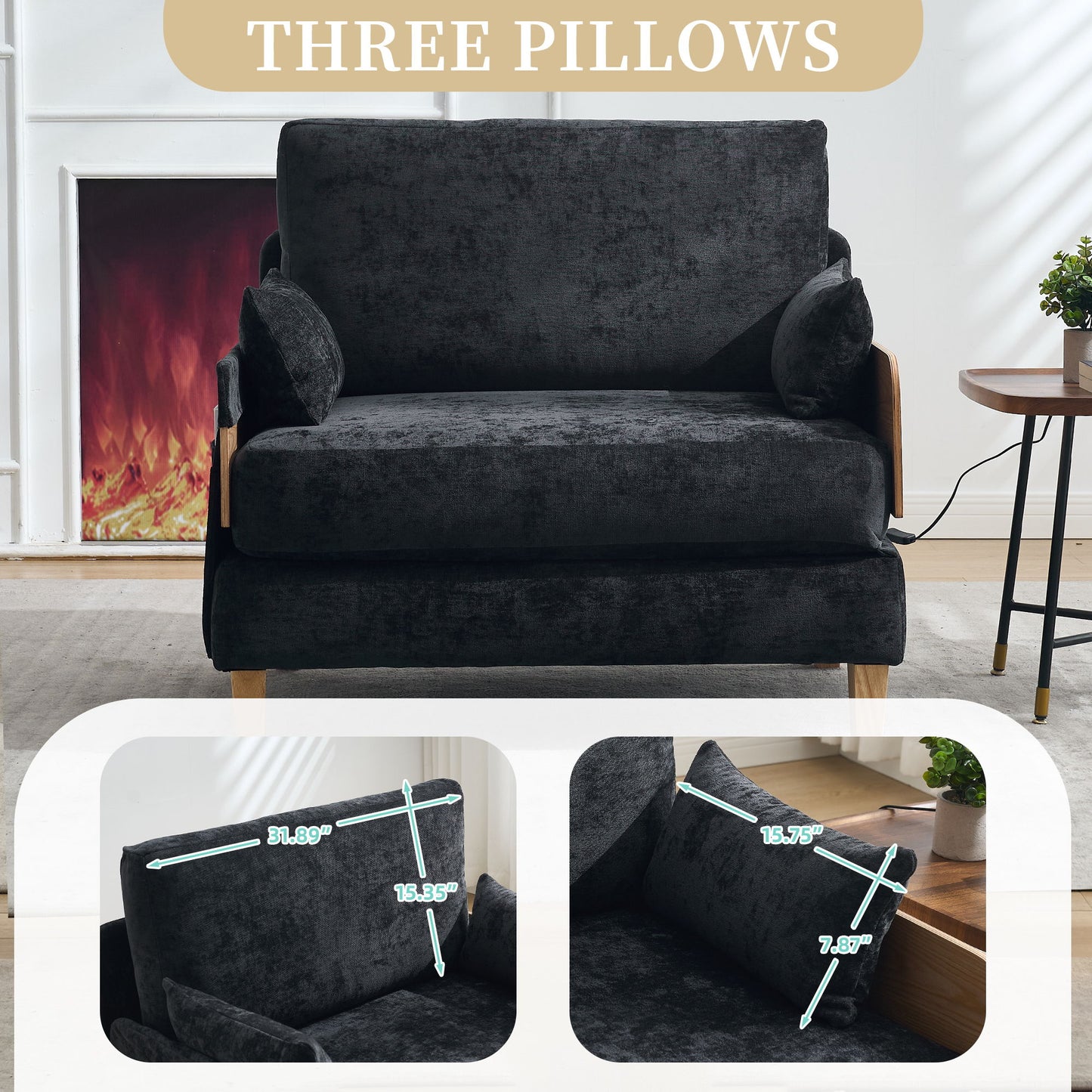 Mid Century Modern Foldable Sofa Bed Recliner, 3 - 1 Convertible Sleeper With 3 Pillows For Small Spaces - Black