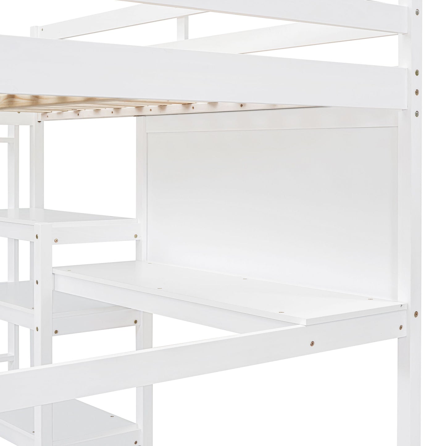 Full Size Loft Bed With Shelves, Desk And Writing Board - White