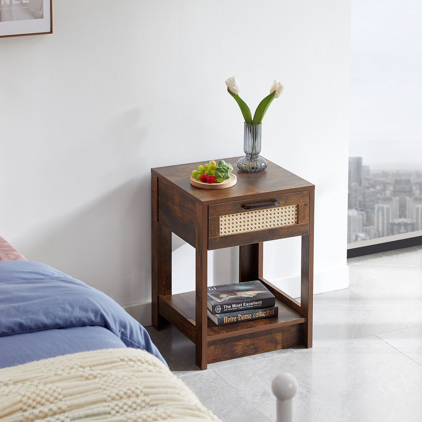 15.75" Rattan End Table With Drawer, Modern Nightstand, Side Table For Living Room, Bedroom - Rustic Brown