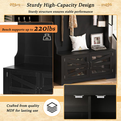 Entryway Bench With Coat Rack, 3 In 1 Design And Adjustable Shelves, Hall Tree With 7 Hooks For Entrance, Living Room - Black