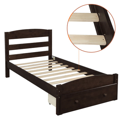 Twin Platform Bed Frame With Storage Drawer And Slat Support No Box Spring Needed - Espresso
