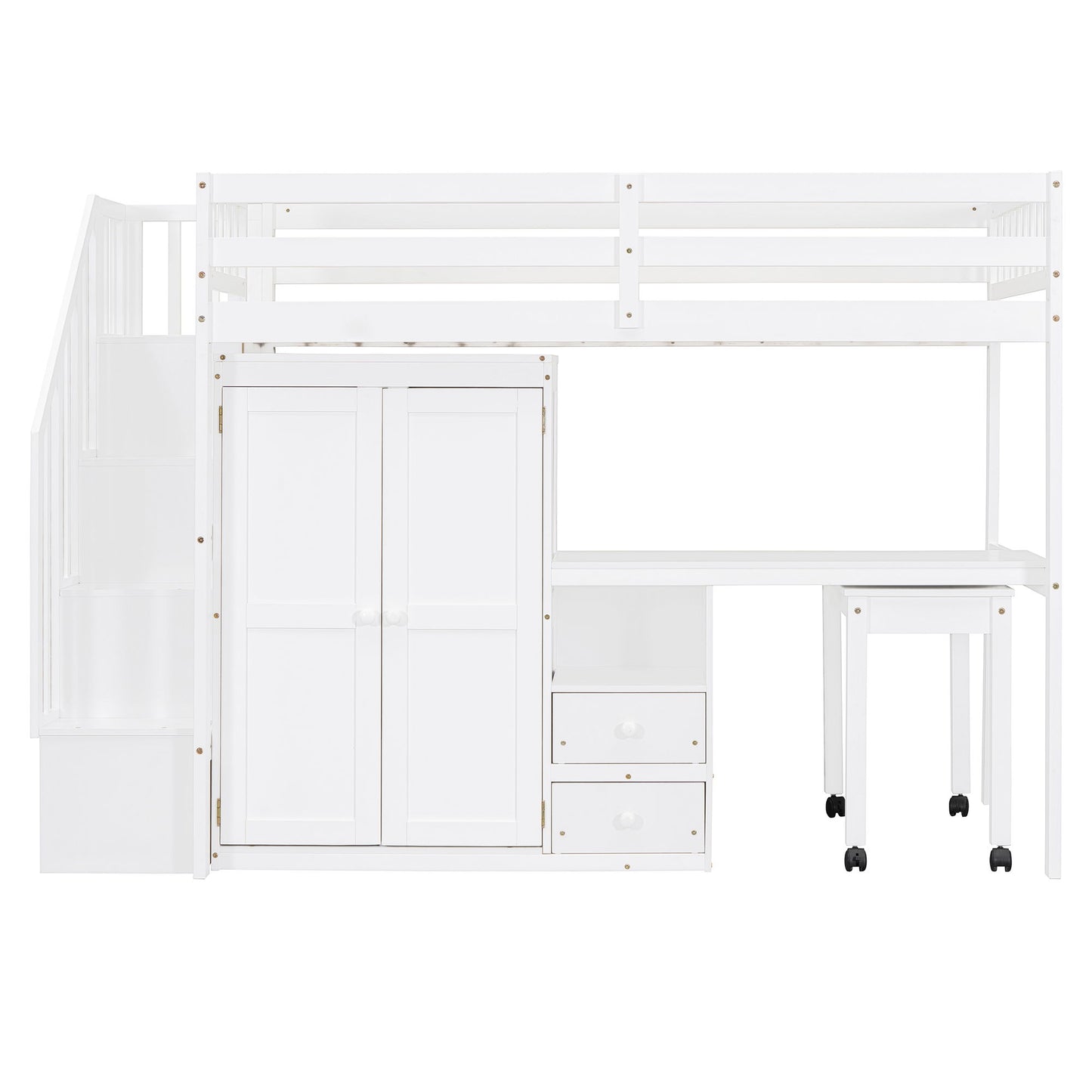 Twin Size Loft Bed With Stairs, Bookshelf, Drawers, Desk & Wardrobe, Space Saving Multifunctional Furniture - White