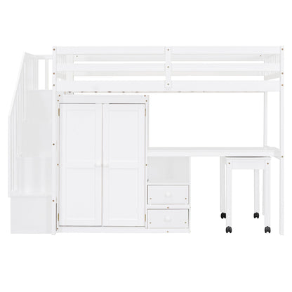 Twin Size Loft Bed With Stairs, Bookshelf, Drawers, Desk & Wardrobe, Space Saving Multifunctional Furniture - White