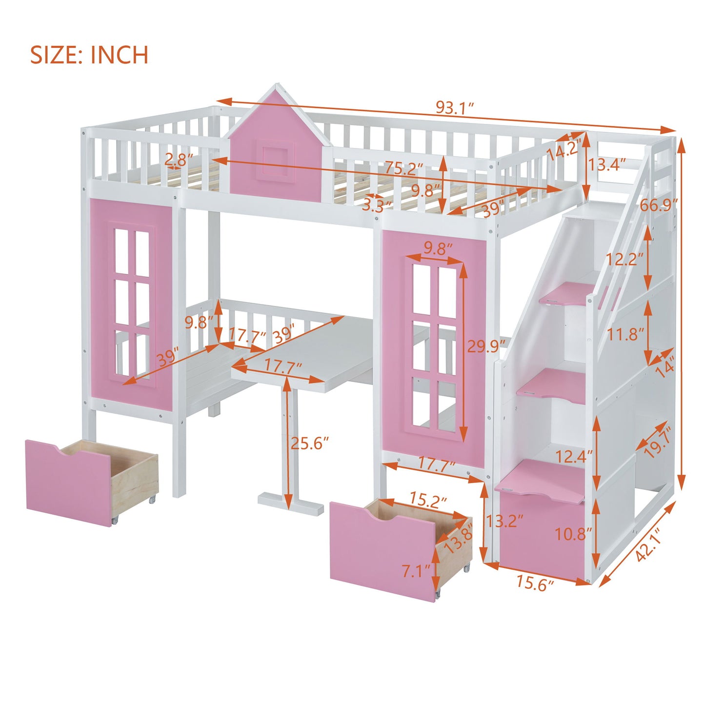 Twin Over Twin Bunk Bed With Changeable Table, Bunk Bed Turn Into Upper Bed And Down Desk - Pink