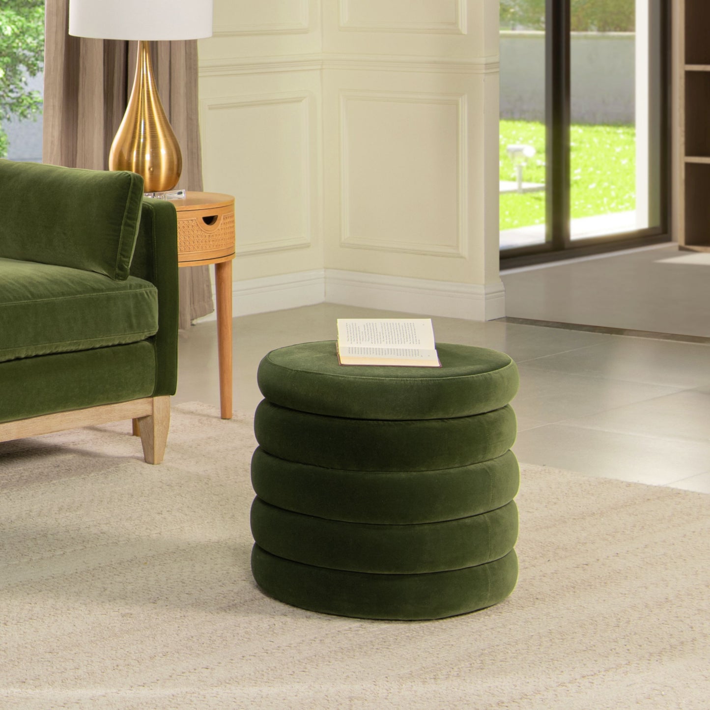 Fuji - Oversized Round Storage Ottoman - Olive Green